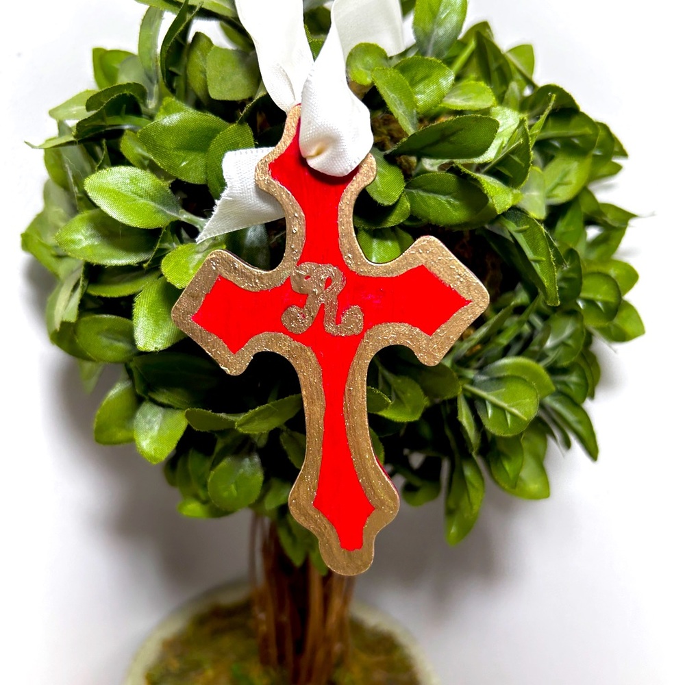 Red Gold Initial Cross Ornament Hand Painted Handmade Christmas Christening